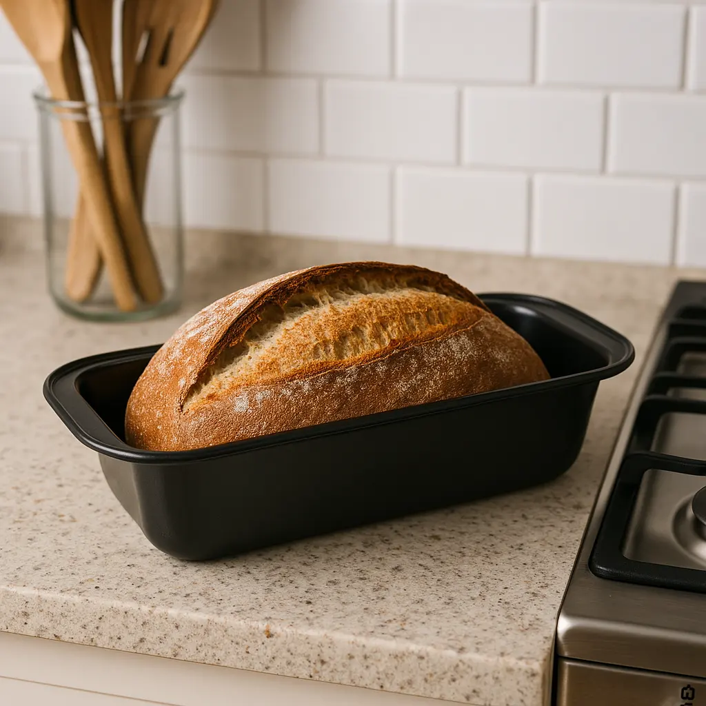 brodform_metall_25cm_3 Svart rektangulär brödform i metall med en nybakad surdegslimpa i. Brödformen är placerad på en ljus köksbänk med vit kakelvägg och köksredskap i bakgrunden.
