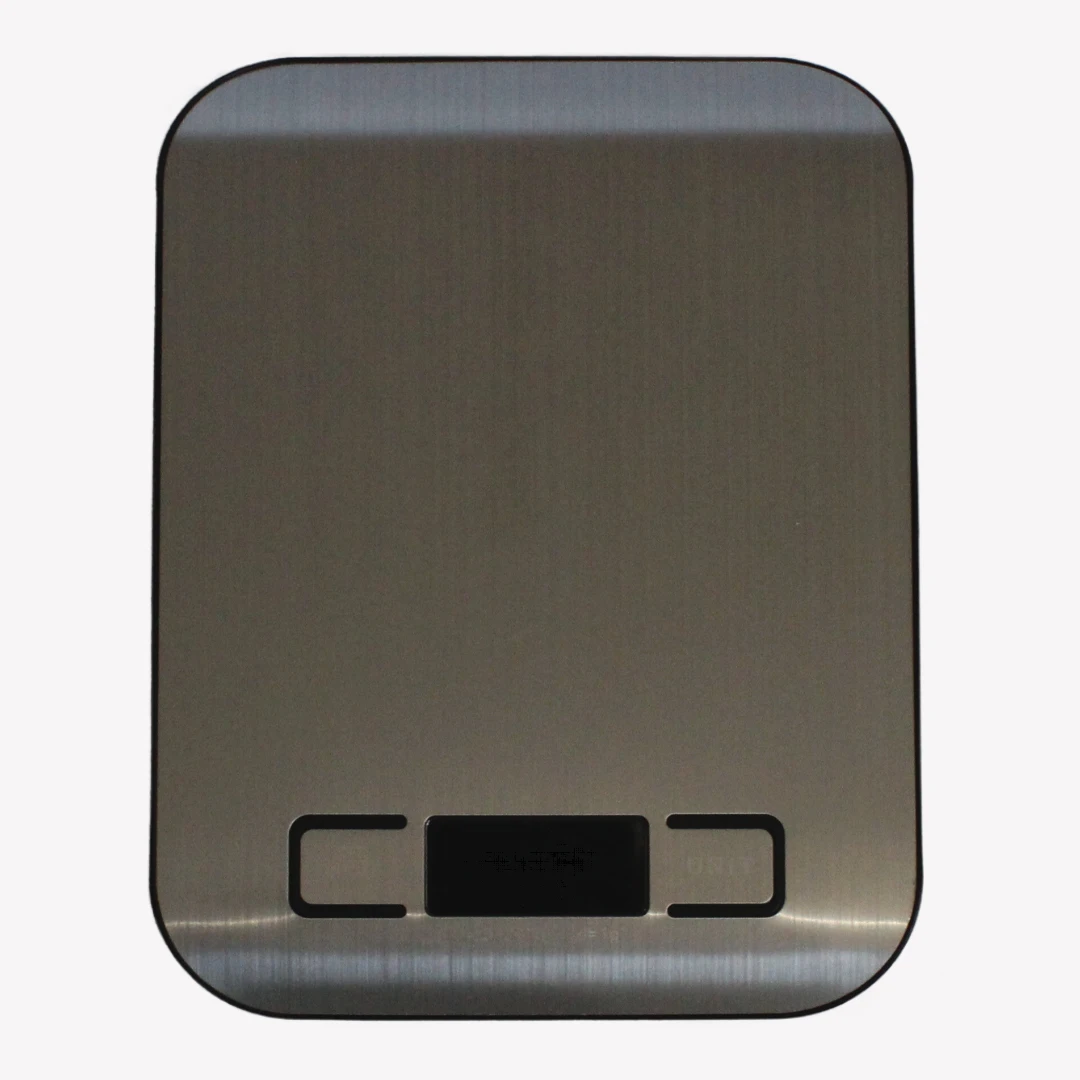 En digital köksvåg i rostfritt stål med en platt yta och knapparna "Z/T ON/OFF" och "UNIT" längst ner. Vågen ligger på en vit bakgrund.