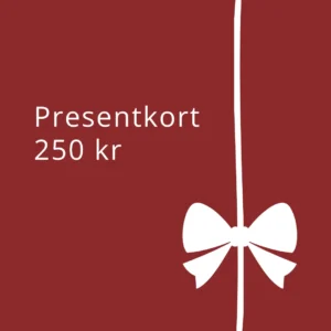 Presentkort på 250 kronor med röd bakgrund och vit rosett.