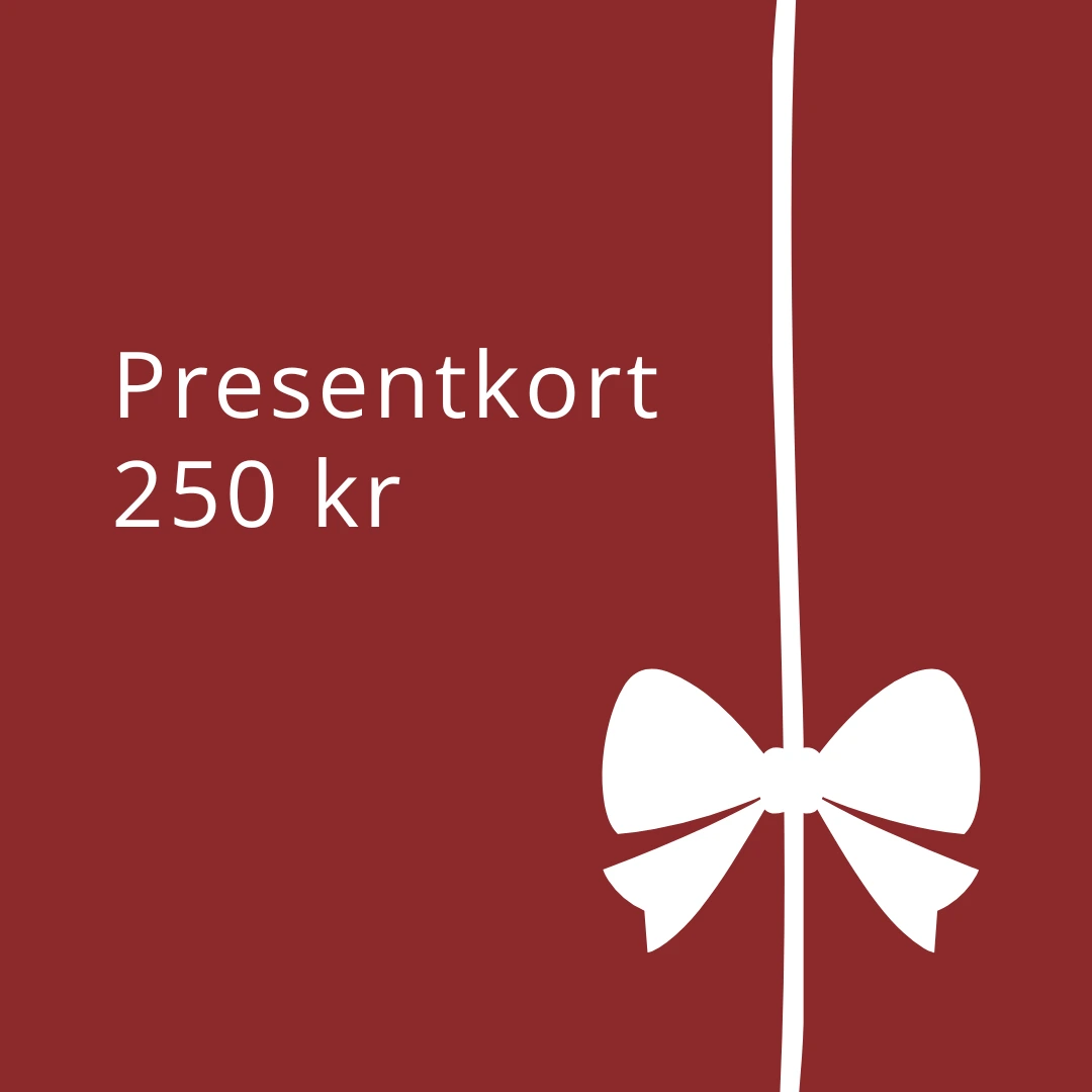 Presentkort på 250 kronor med röd bakgrund och vit rosett.