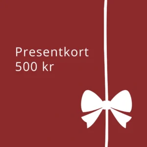 Presentkort på 500 kronor med röd bakgrund och vit rosett.